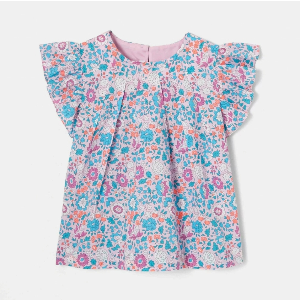 Jacadi Floral Flutter Sleeve Blouse in Blue, Pink & Orange